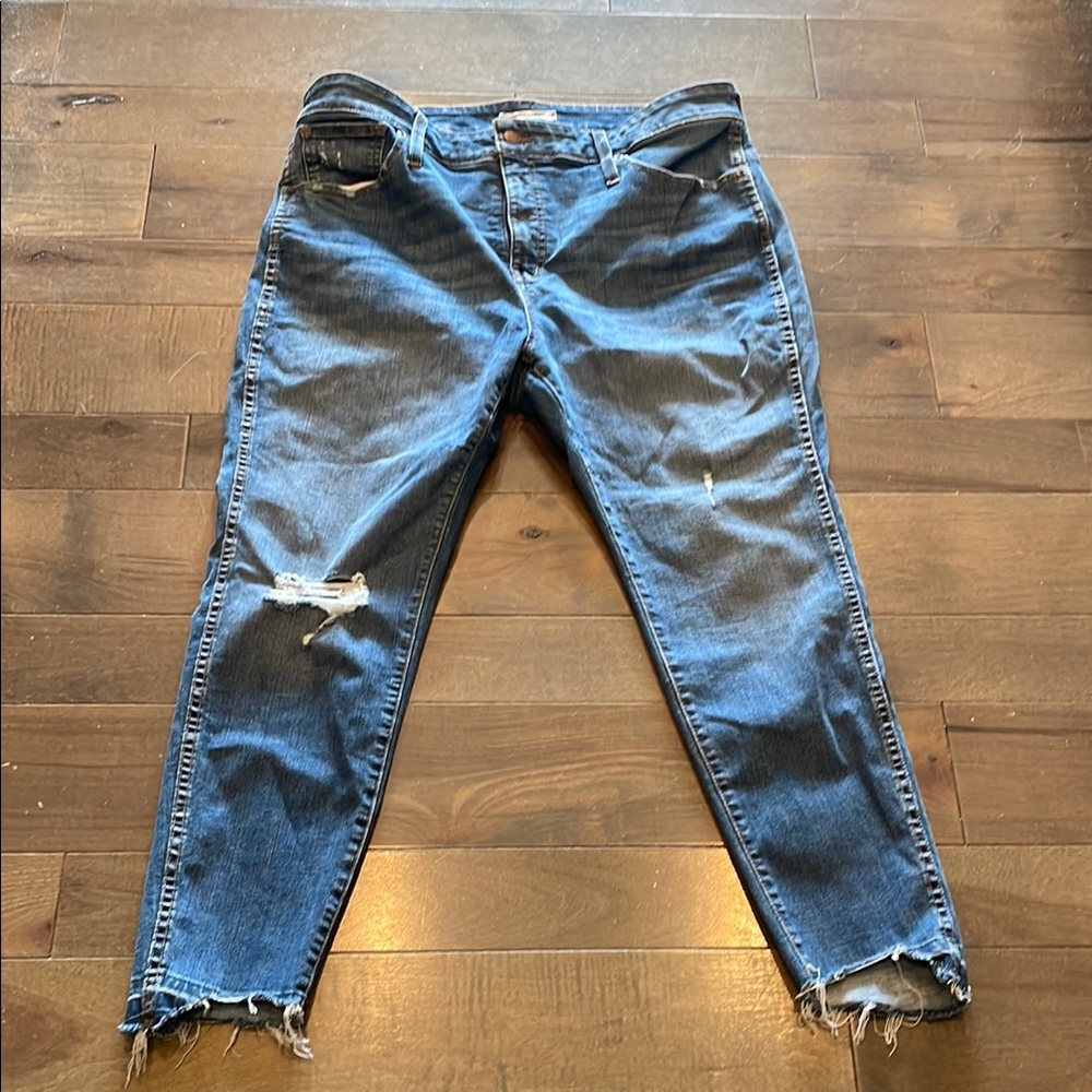 Madewell Curvy High Rise Blue Skinny Jeans with Distressed Hem